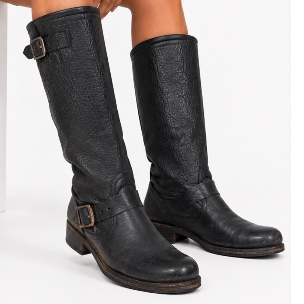Frye Veronica slouch Tall Engineer Moto Boots Womens 8 Black Leather Buckle